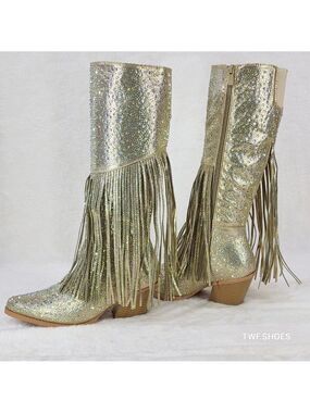 Western Diva Gold Asymmetrical Fringe Rhinestone Glam Cowgirl Boots